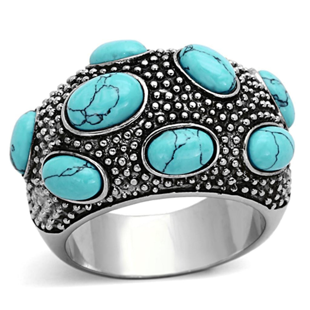 TK1308 - High polished (no plating) Stainless Steel Ring with Synthetic Turquoise in Sea Blue - Alamode