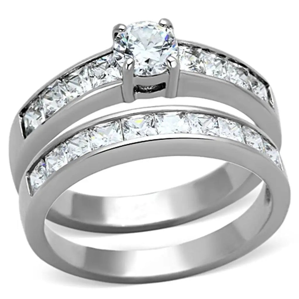 TK1321 - High polished (no plating) Stainless Steel Ring with AAA Grade CZ  in Clear - Alamode