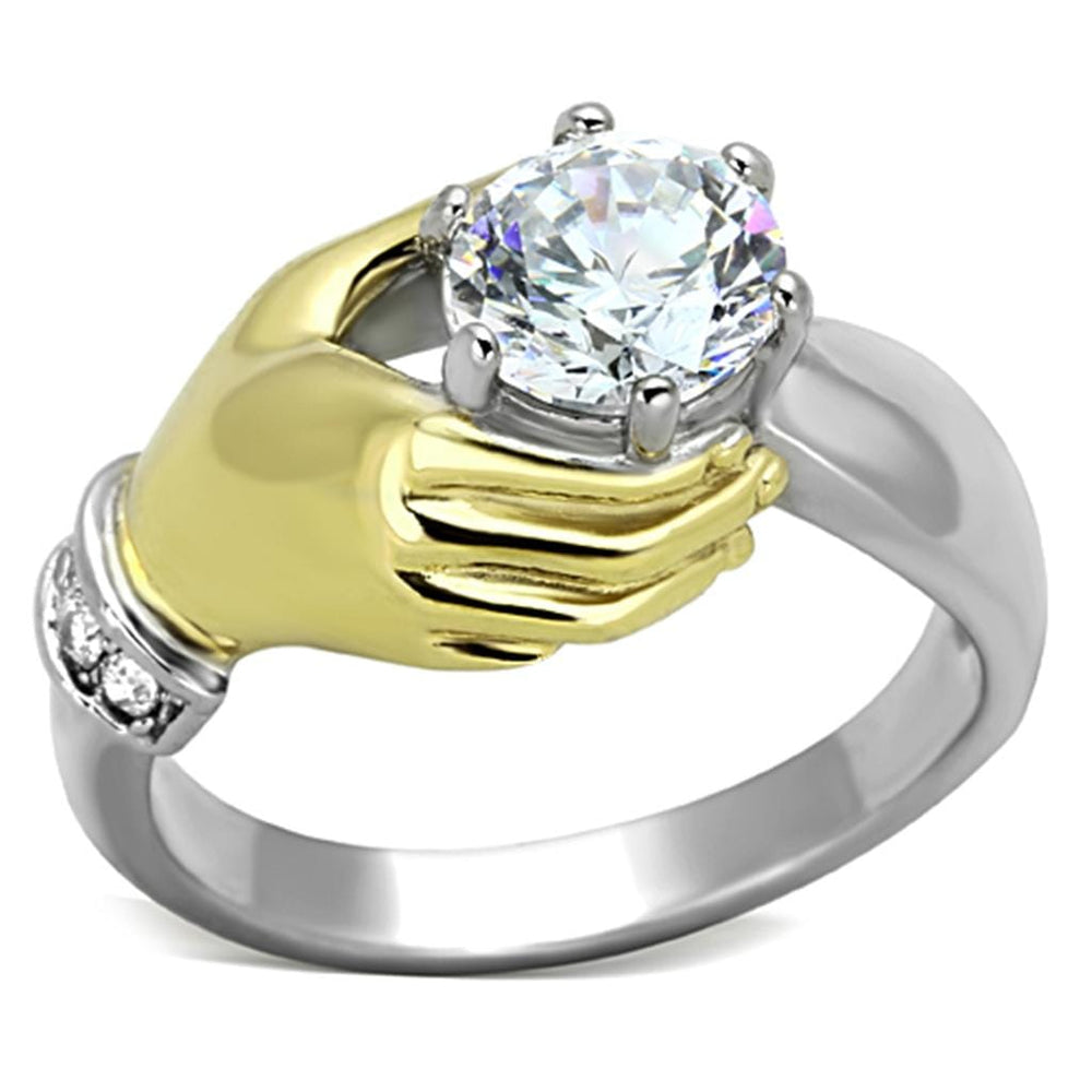 TK1324 - Two-Tone IP Gold (Ion Plating) Stainless Steel Ring with AAA Grade CZ  in Clear - Alamode