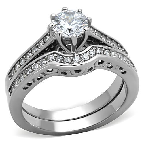 TK1330 - High polished (no plating) Stainless Steel Ring with AAA Grade CZ  in Clear - Alamode