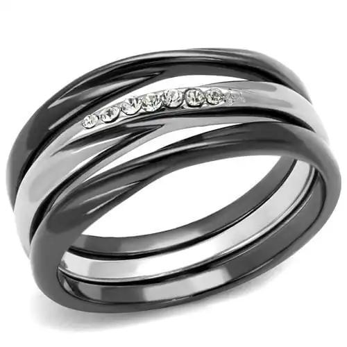 TK1340PJ - Two Tone IP Light Black (IP Gun) Stainless Steel Ring with Top Grade Crystal  in Clear - Alamode
