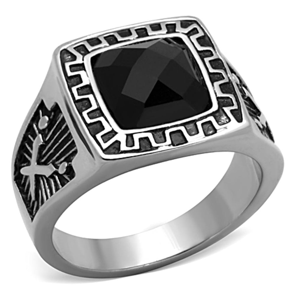 TK1356 - High polished (no plating) Stainless Steel Ring with Synthetic Synthetic Glass in Jet - Alamode
