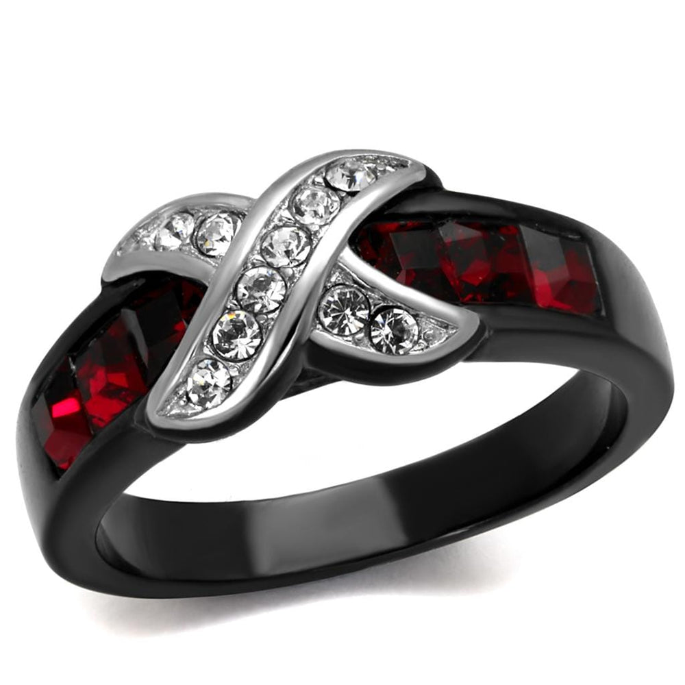 TK1388J - Two-Tone IP Black Stainless Steel Ring with Top Grade Crystal  in Siam - Alamode
