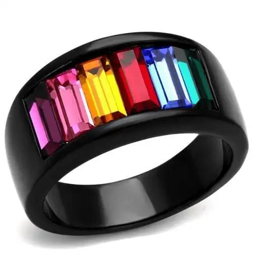 TK1415J - IP Black(Ion Plating) Stainless Steel Ring with Top Grade Crystal  in Multi Color - Alamode