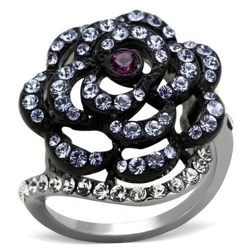 TK1422 - Two-Tone IP Black Stainless Steel Ring with Top Grade Crystal  in Amethyst - Alamode
