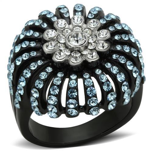 TK1442 - Two-Tone IP Black Stainless Steel Ring with Top Grade Crystal  in Sea Blue - Alamode