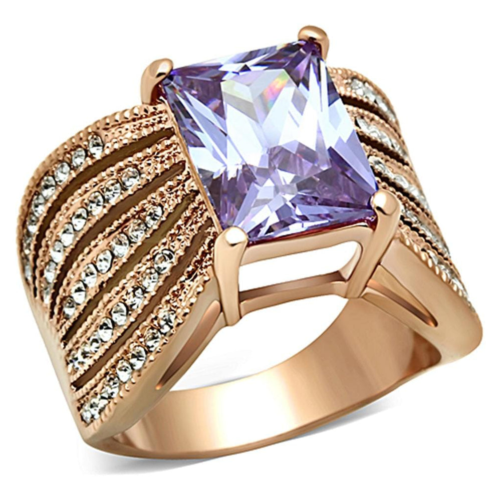 TK1490 - IP Rose Gold(Ion Plating) Stainless Steel Ring with AAA Grade CZ  in Light Amethyst - Alamode