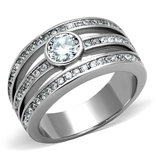 TK1525 - High polished (no plating) Stainless Steel Ring with AAA Grade CZ  in Clear - Alamode