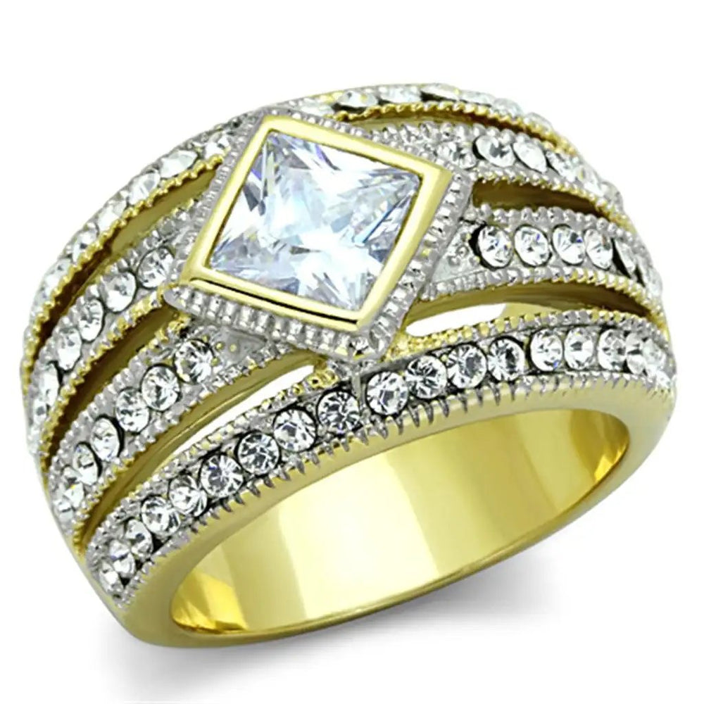 TK1551 - Two-Tone IP Gold (Ion Plating) Stainless Steel Ring with AAA Grade CZ  in Clear - Alamode