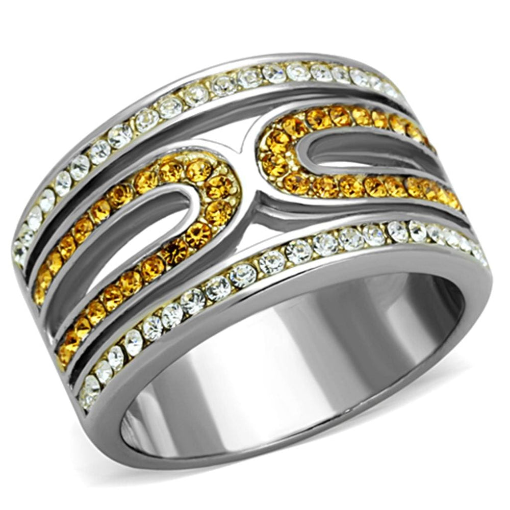 TK1555 - Two-Tone IP Gold (Ion Plating) Stainless Steel Ring with Top Grade Crystal  in Topaz - Alamode