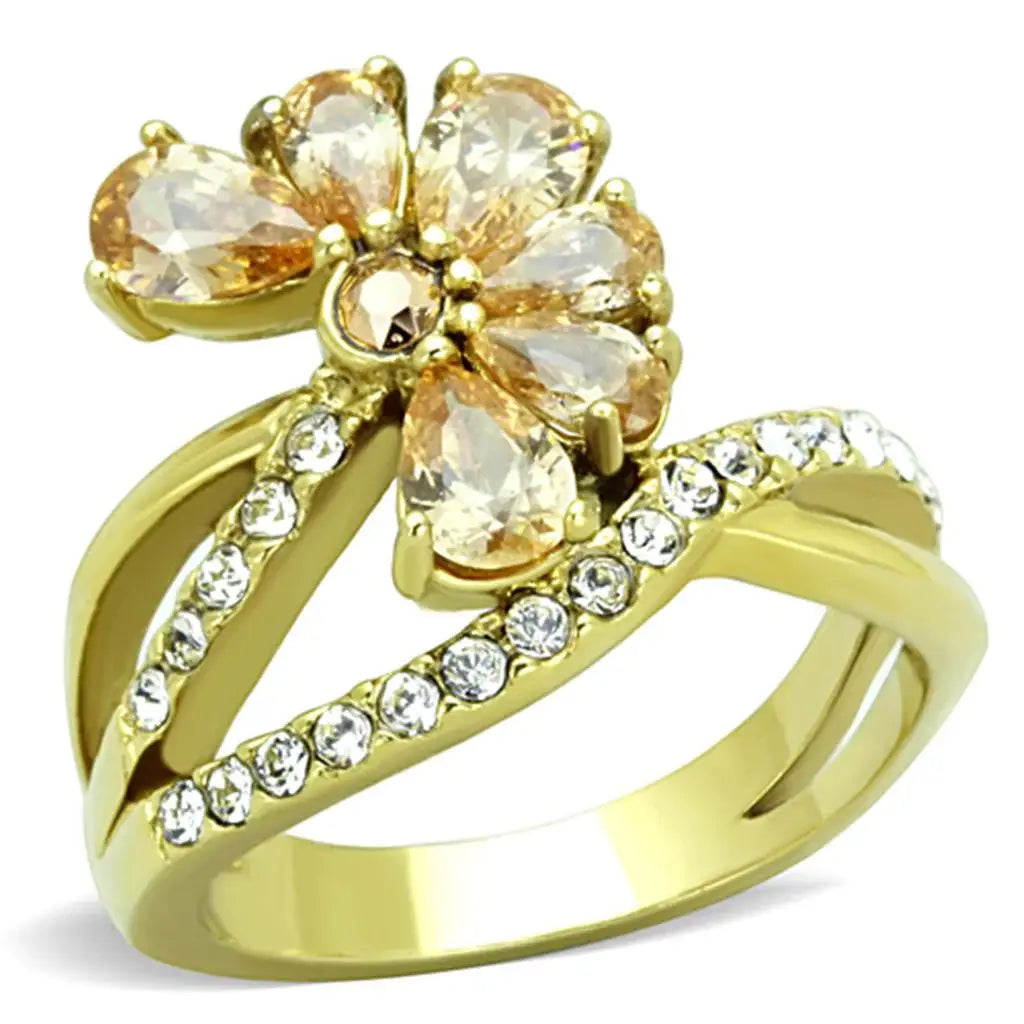 TK1574 - IP Gold(Ion Plating) Stainless Steel Ring with AAA Grade CZ in Champagne - Alamode - Flyclothing LLC