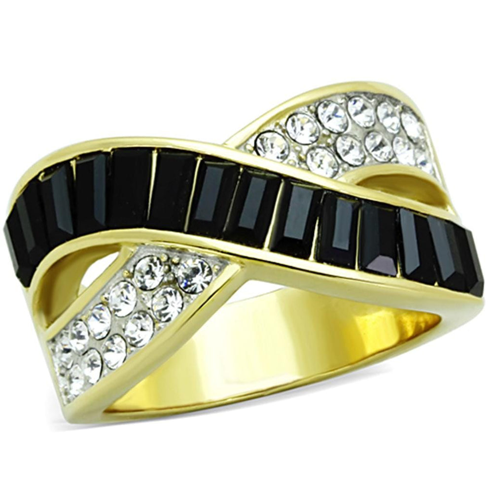 TK1577 - Two-Tone IP Gold (Ion Plating) Stainless Steel Ring with Top Grade Crystal  in Jet - Alamode