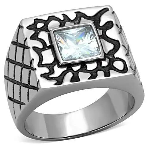 TK1607 - High polished (no plating) Stainless Steel Ring with AAA Grade CZ  in Clear - Alamode