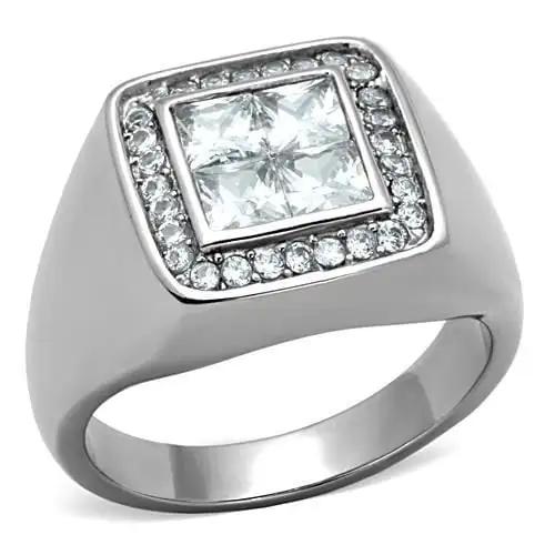TK1608 - High polished (no plating) Stainless Steel Ring with AAA Grade CZ  in Clear - Alamode