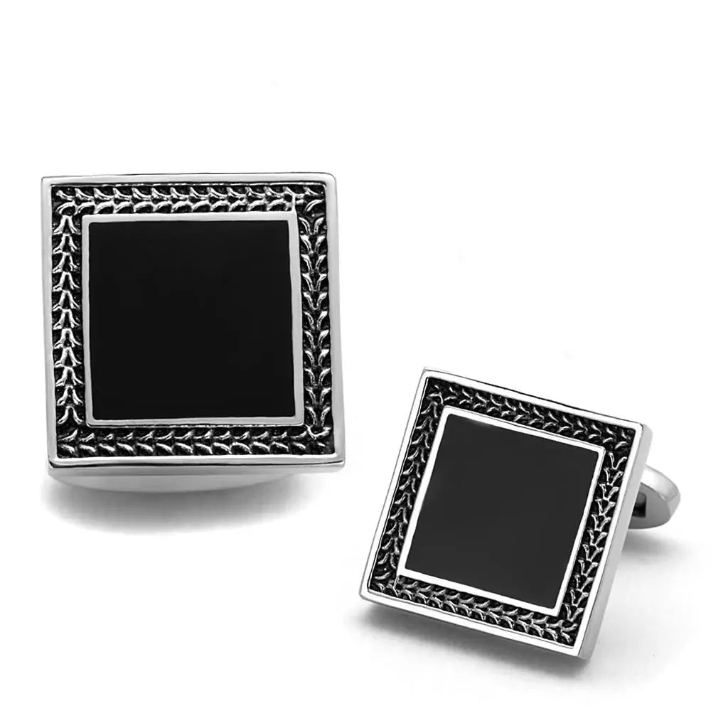TK1651 - High polished (no plating) Stainless Steel Cufflink with Epoxy in Jet - Alamode - Flyclothing LLC