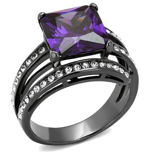 TK1665LJ - IP Light Black  (IP Gun) Stainless Steel Ring with AAA Grade CZ  in Amethyst - Alamode