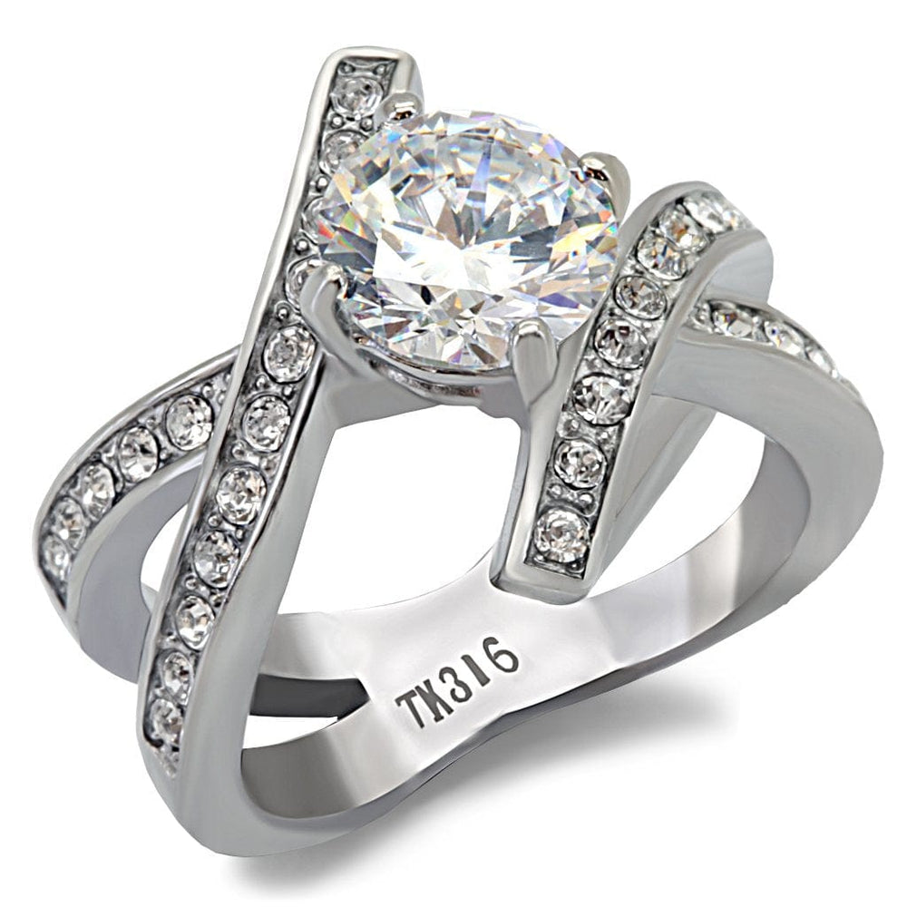 TK169 - High polished (no plating) Stainless Steel Ring with AAA Grade CZ  in Clear - Alamode