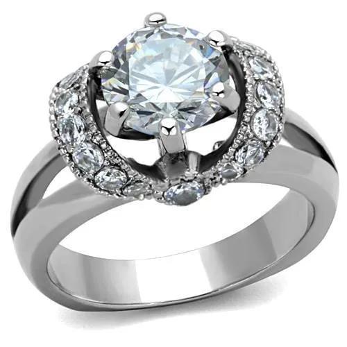 TK1757 - High polished (no plating) Stainless Steel Ring with AAA Grade CZ  in Clear - Alamode