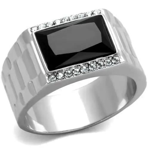 TK1811 - High polished (no plating) Stainless Steel Ring with Synthetic Onyx in Jet - Alamode