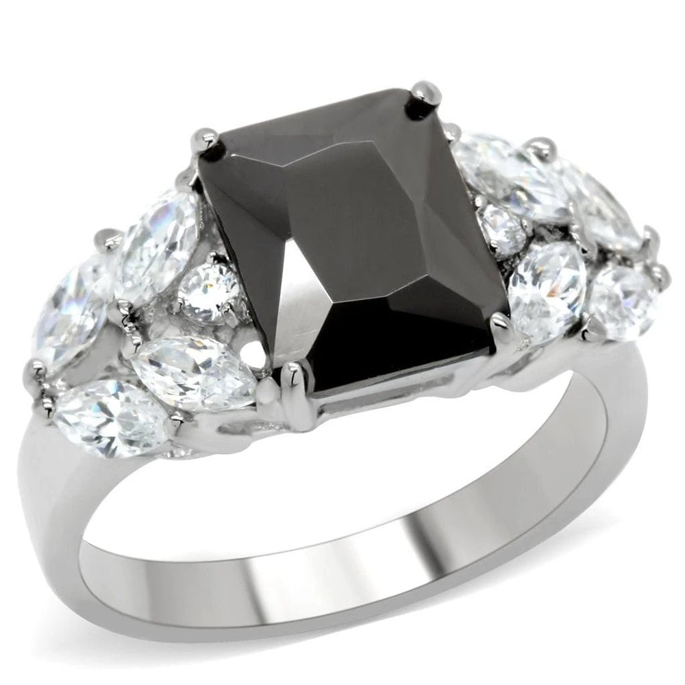 TK182 - High polished (no plating) Stainless Steel Ring with AAA Grade CZ  in Jet - Alamode
