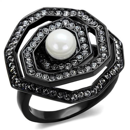 TK1861 - IP Black(Ion Plating) Stainless Steel Ring with Synthetic Pearl in White - Alamode