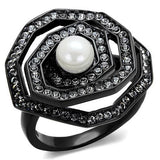 TK1861 - IP Black(Ion Plating) Stainless Steel Ring with Synthetic Pearl in White - Alamode