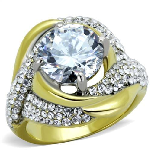 TK1910 - Two-Tone IP Gold (Ion Plating) Stainless Steel Ring with AAA Grade CZ  in Clear - Alamode