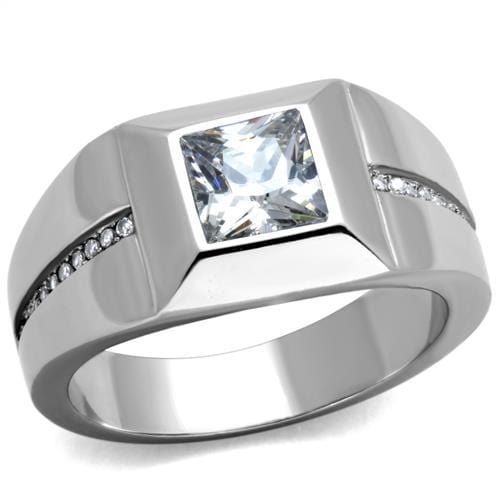 TK1916 - High polished (no plating) Stainless Steel Ring with AAA Grade CZ  in Clear - Alamode