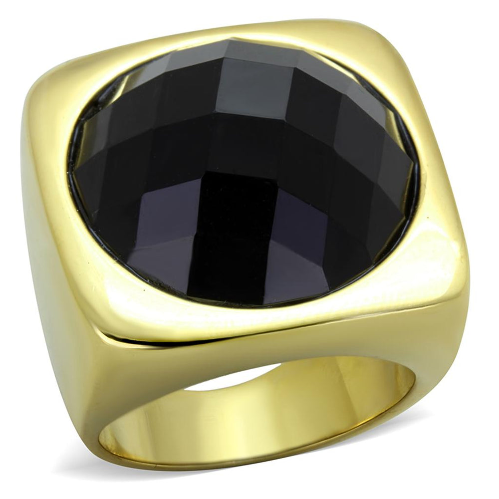 TK1925 - IP Gold(Ion Plating) Stainless Steel Ring with Synthetic Synthetic Stone in Jet - Alamode
