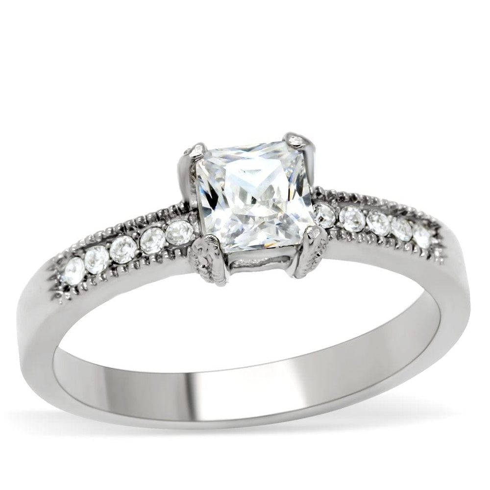 TK199 - High polished (no plating) Stainless Steel Ring with AAA Grade CZ  in Clear - Alamode