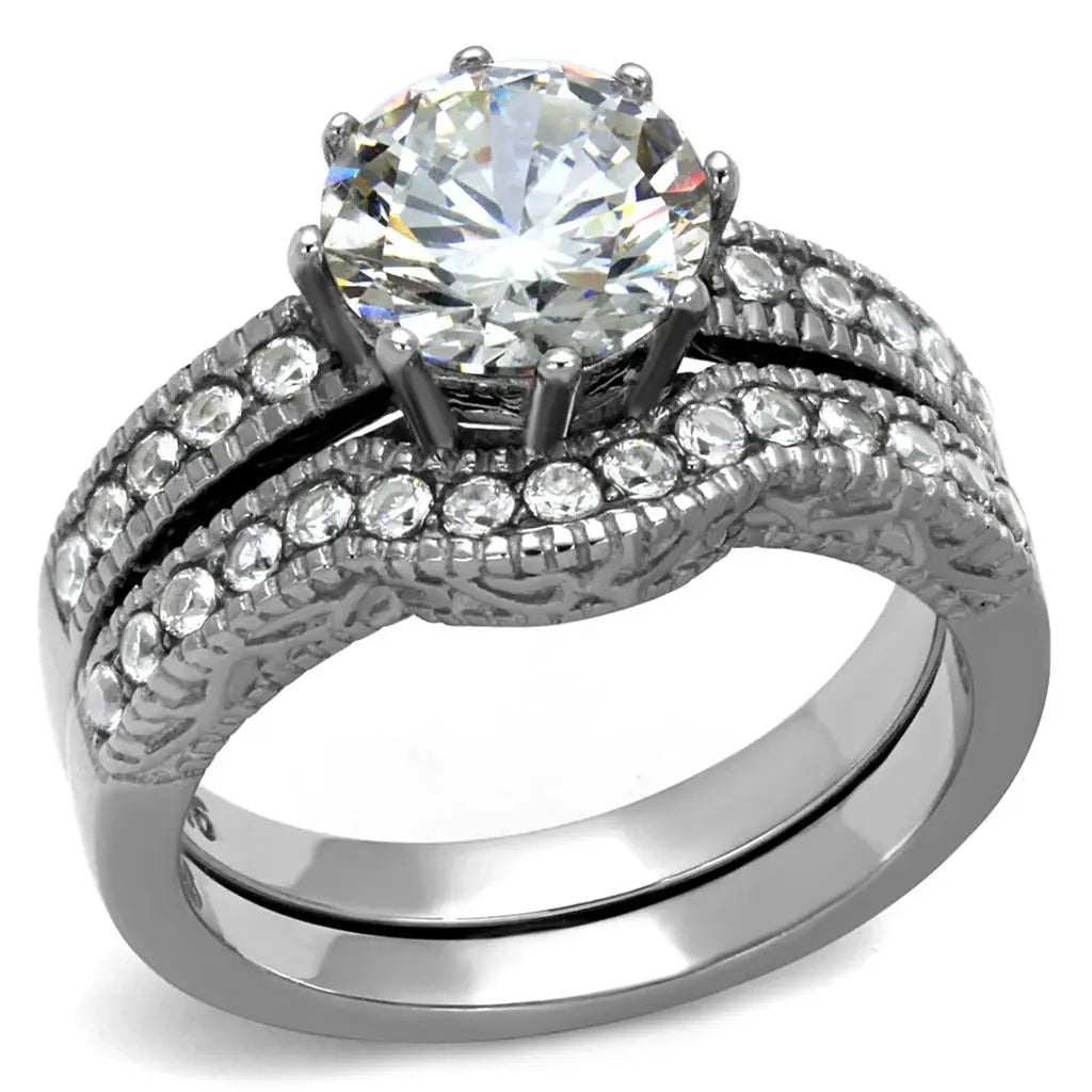 TK1W007 - High polished (no plating) Stainless Steel Ring with AAA Grade CZ in Clear - Alamode - Flyclothing LLC