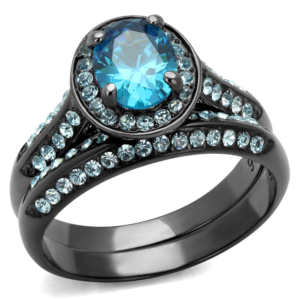 TK1W163LJ - IP Light Black  (IP Gun) Stainless Steel Ring with AAA Grade CZ  in Sea Blue - Alamode