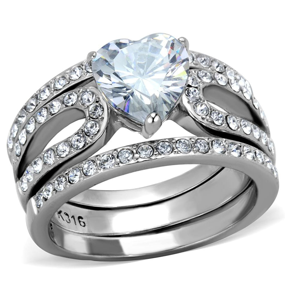 TK2041 - High polished (no plating) Stainless Steel Ring with AAA Grade CZ  in Clear - Alamode