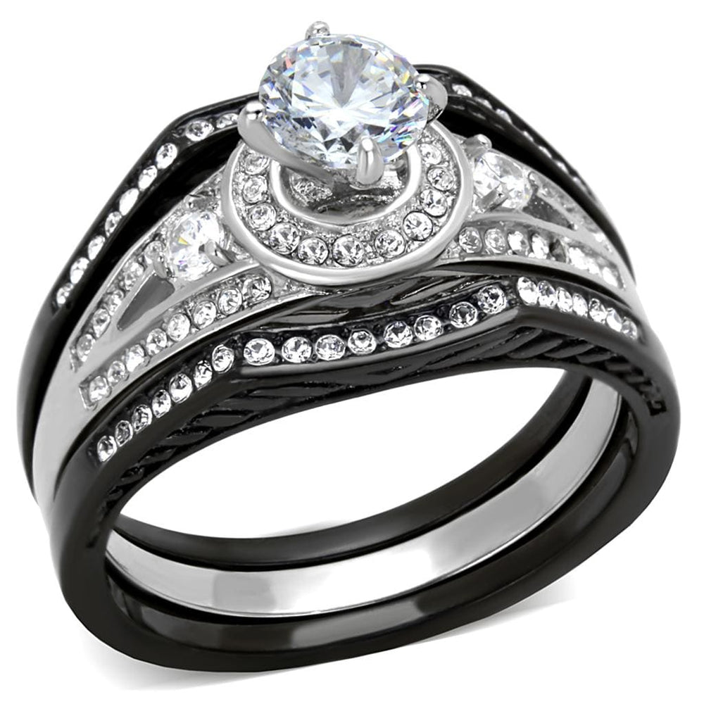 TK2044 - Two-Tone IP Black Stainless Steel Ring with AAA Grade CZ  in Clear - Alamode