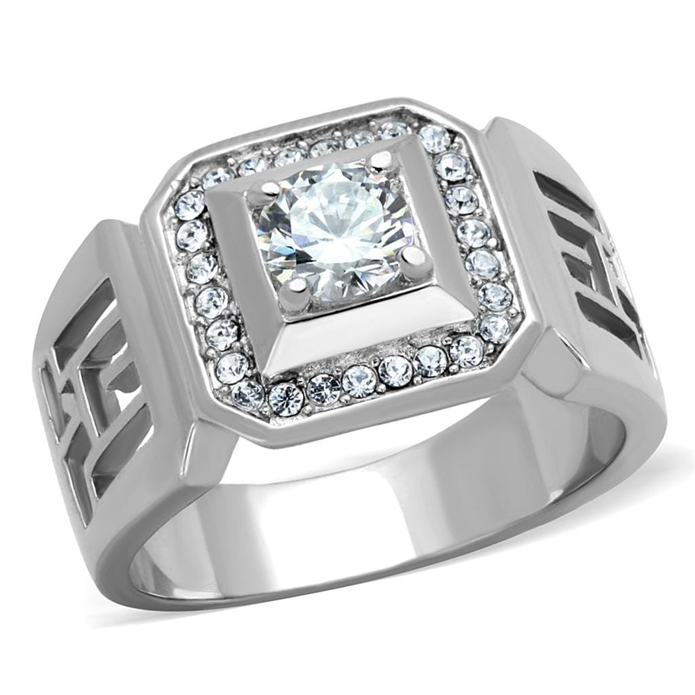 TK2046 - High polished (no plating) Stainless Steel Ring with AAA Grade CZ  in Clear - Alamode