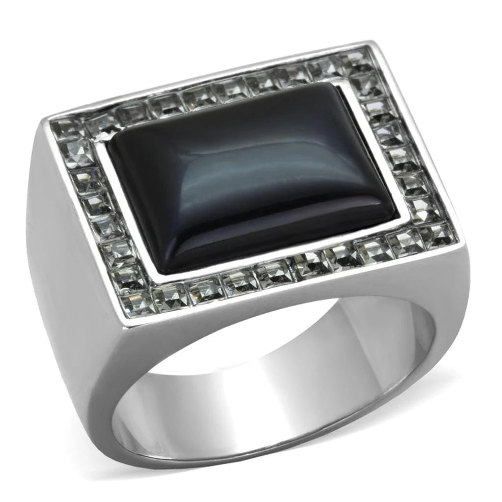 TK2065 - High polished (no plating) Stainless Steel Ring with Synthetic Cat Eye in Smoked Quartz - Alamode