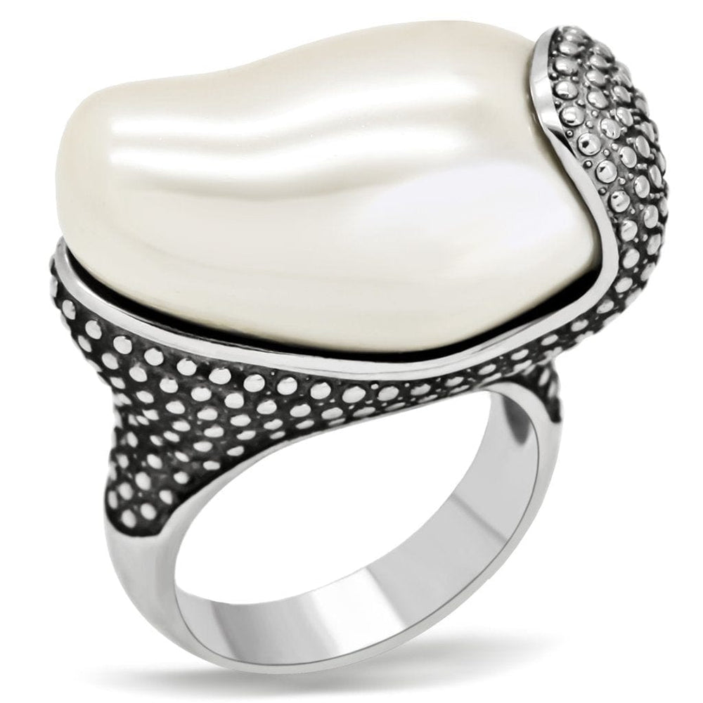 TK212 - High polished (no plating) Stainless Steel Ring with Synthetic Synthetic Stone in White - Alamode