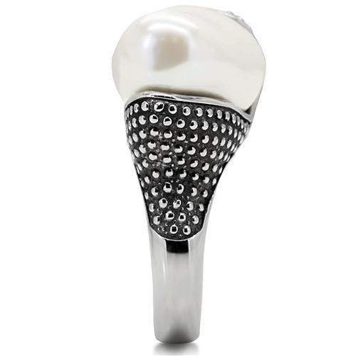 TK212 - High polished (no plating) Stainless Steel Ring with Synthetic Synthetic Stone in White - Alamode - Flyclothing LLC