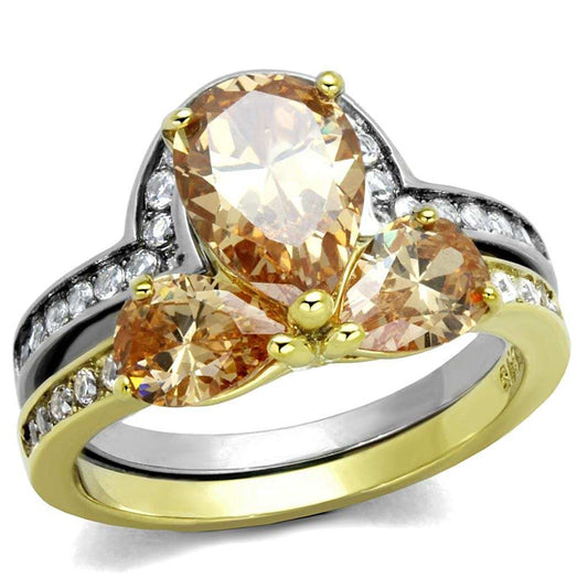 TK2132 - Two-Tone IP Gold (Ion Plating) Stainless Steel Ring with AAA Grade CZ in Champagne - Alamode - Flyclothing LLC