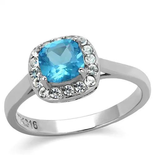 TK2161 - High polished (no plating) Stainless Steel Ring with Synthetic Synthetic Glass in Sea Blue - Alamode