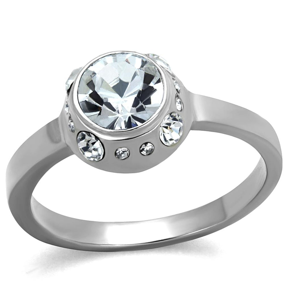 TK2183 - High polished (no plating) Stainless Steel Ring with Top Grade Crystal  in Clear - Alamode