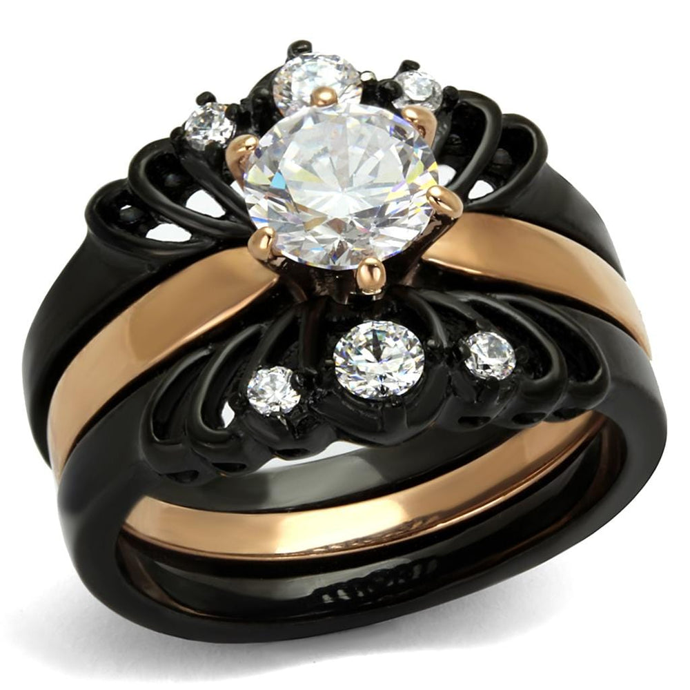 TK2189 - IP Rose Gold+ IP Black (Ion Plating) Stainless Steel Ring with AAA Grade CZ  in Clear - Alamode