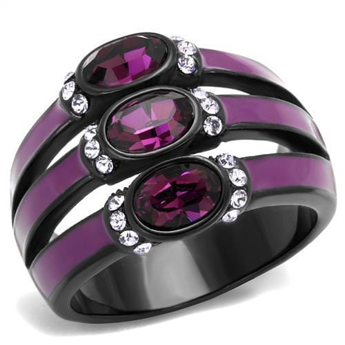 TK2213 - IP Black(Ion Plating) Stainless Steel Ring with Top Grade Crystal  in Amethyst - Alamode