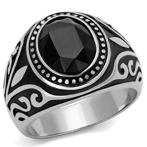 TK2231 - High polished (no plating) Stainless Steel Ring with Top Grade Crystal  in Jet - Alamode