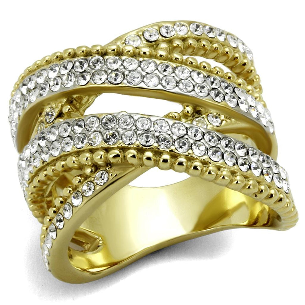 TK2252 - Two-Tone IP Gold (Ion Plating) Stainless Steel Ring with Top Grade Crystal  in Clear - Alamode