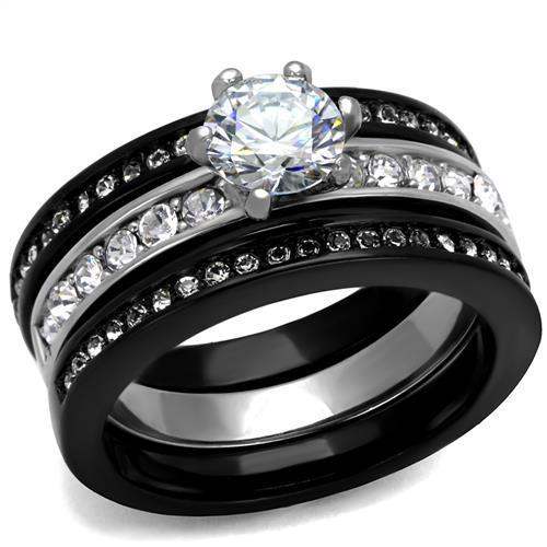 TK2304 - Two-Tone IP Black (Ion Plating) Stainless Steel Ring with AAA Grade CZ in Clear - Alamode - Flyclothing LLC