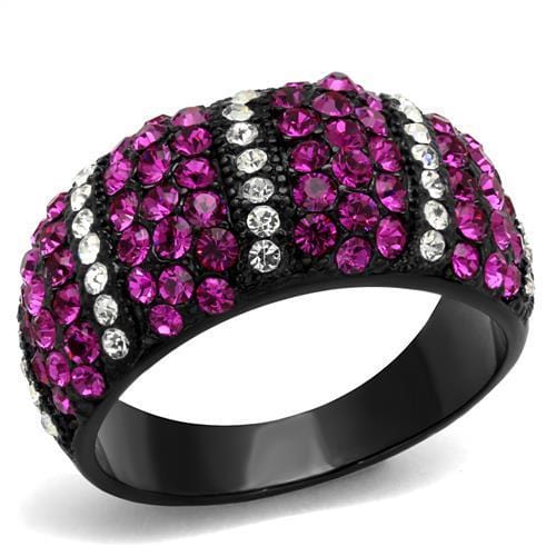 TK2356 - IP Black(Ion Plating) Stainless Steel Ring with Top Grade Crystal  in Fuchsia - Alamode
