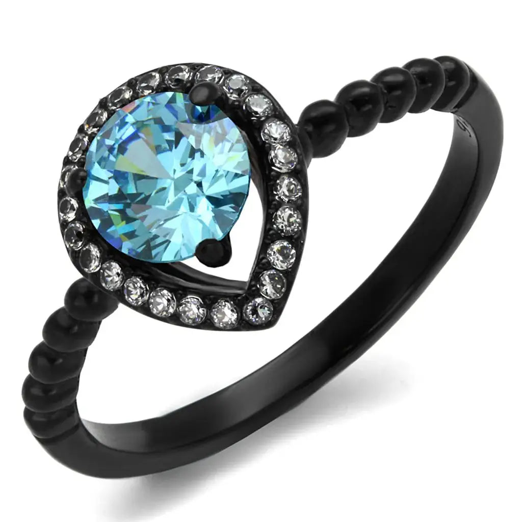 TK2364 - IP Black(Ion Plating) Stainless Steel Ring with AAA Grade CZ in Sea Blue - Alamode - Flyclothing LLC