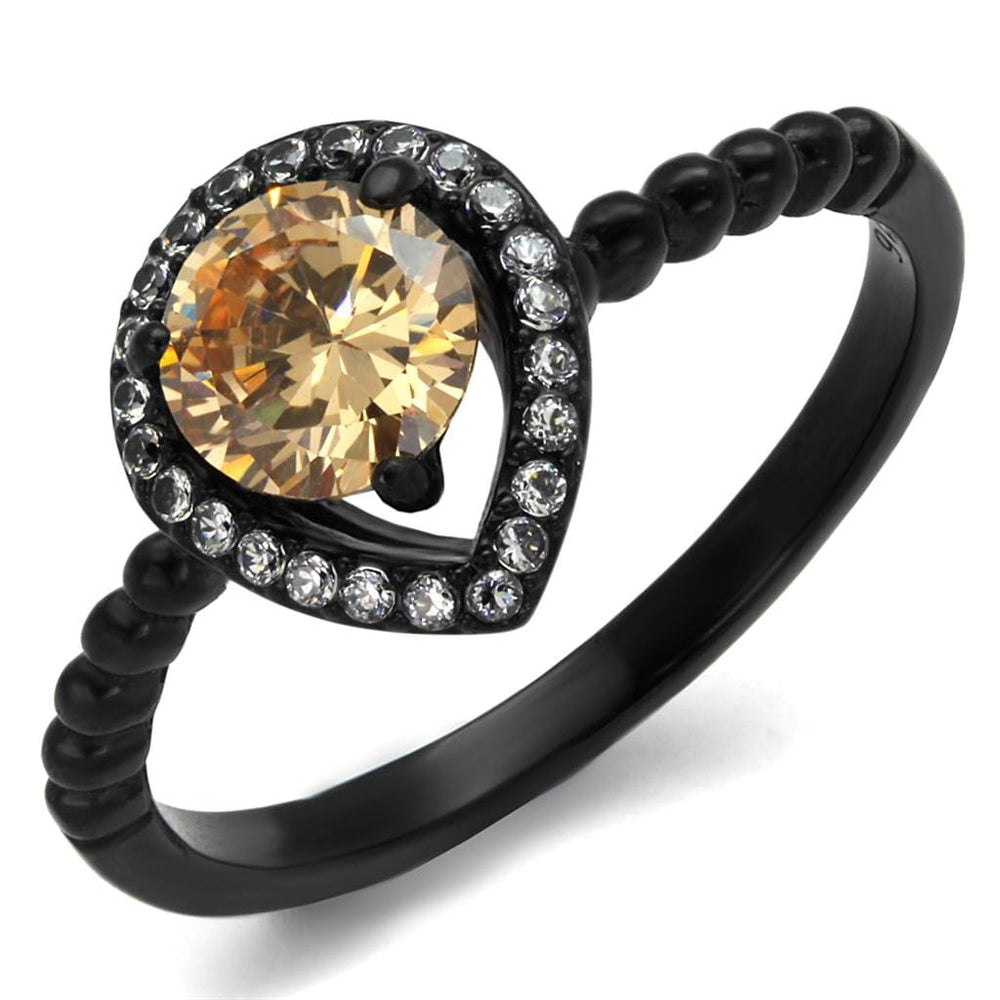 TK2365 - IP Black(Ion Plating) Stainless Steel Ring with AAA Grade CZ  in Champagne - Alamode