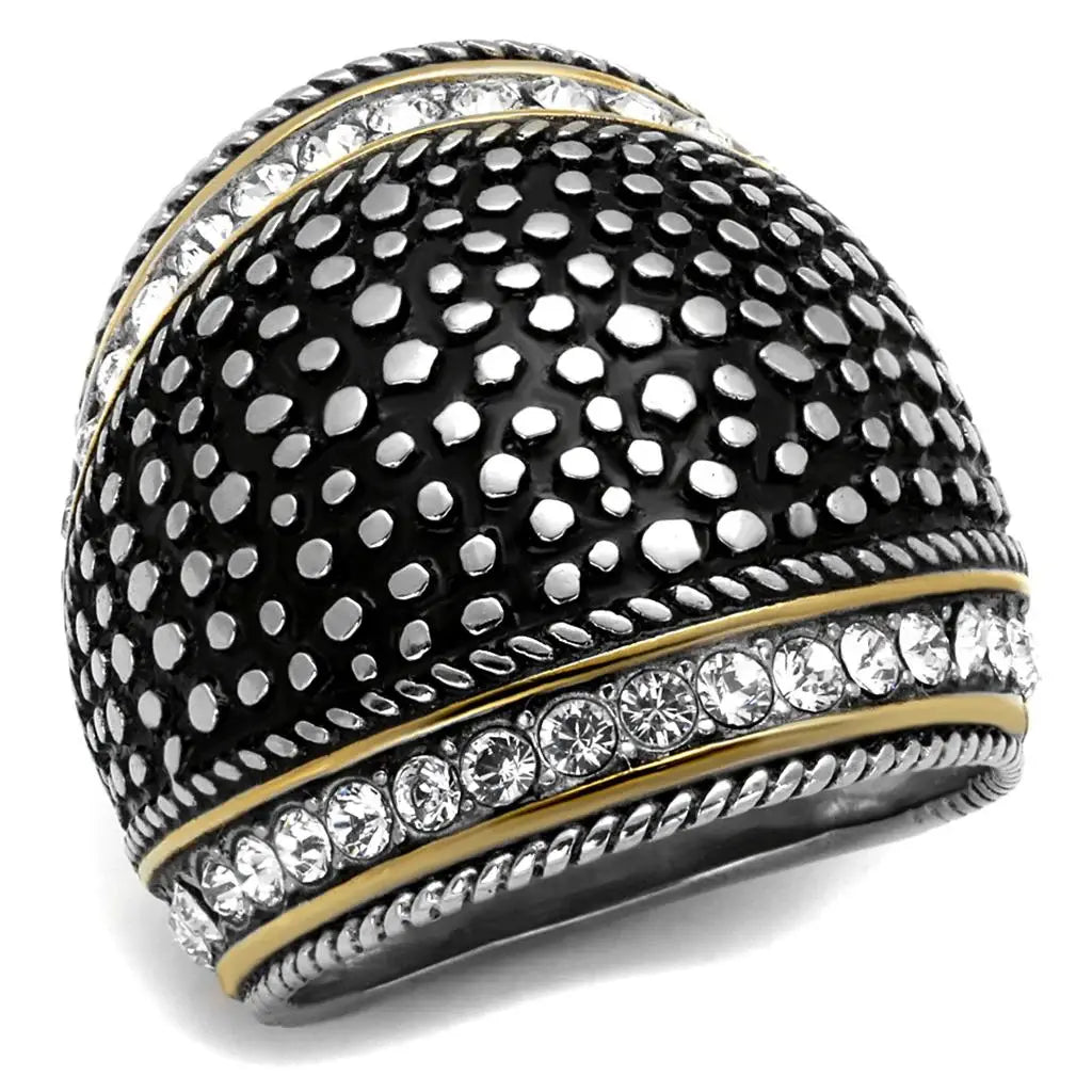 TK2369 - Two-Tone IP Gold (Ion Plating) Stainless Steel Ring with Top Grade Crystal in Clear - Alamode - Flyclothing LLC